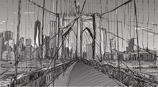 城市景观素描在纽约展示布鲁克林大桥和建筑街道场景旅行商业地标天空天际旅游建筑学卡通片图片