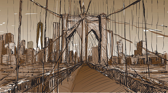 城市景观素描在纽约展示布鲁克林大桥和建筑街道地标摩天大楼市中心场景绘画旅行天空商业建筑学图片