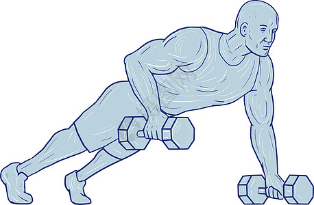 健身运动员单手推哑铃抽屉艺术品身体素质男性插图画线男人一只手体质俯卧撑重量图片