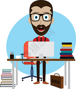 在办公室 des 后面工作的商务人士数字套装职场插图家具桌面胡子电脑桌子企业家图片