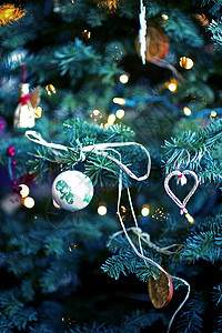 圣诞树特写辉光绿色灯光树木松树展示装饰品礼物季节性季节背景图片