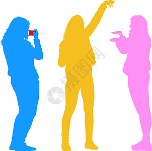 剪影女人在白色背景上用智能手机自拍 它制作图案矢量框架照片细胞夫妻摄影女孩技术身体互联网插图图片