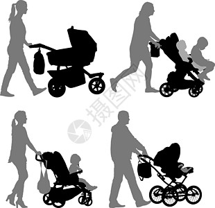 在白色背景上设置黑色剪影家庭与婴儿车 它制作图案矢量幸福男性插图越野车行动喜悦舞蹈母亲女士儿子图片