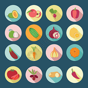 一套水果和蔬菜平板设计图标图片