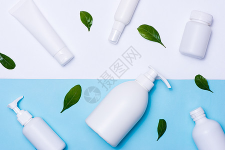 化妆品包装SPa和美容套装的彩色复格模型皮肤礼物产品洗剂奶油白色塑料推广肥皂空白图片