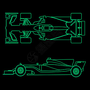 公式车 直线灯光双影轮廓 在黑色背景上隔离的赛车 顶部视图和侧面视图 矢量插图图片