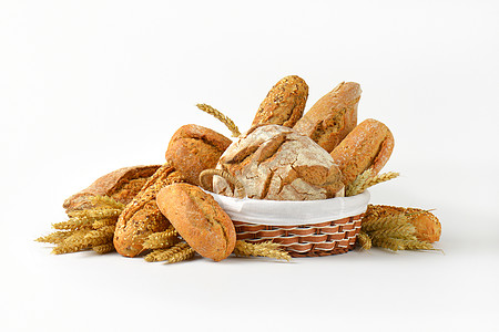 各种类型的面包痛苦团体篮子馒头播种白色谷穗食物静物玉米图片