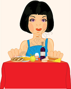 桌子上的女孩热菜瓶子产品面包白色插图水果女士食物酒精图片