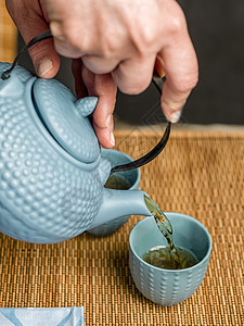 茶时亚洲方式杯子时间小吃气氛餐饮煎茶蓝色竹子蛋糕生活图片