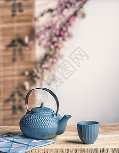 茶时zen方式 亚洲美学时间竹子蓝色气氛餐饮毛巾杯子庆典蛋糕生活图片