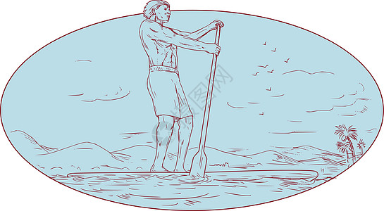 Guy 站起来划船热带岛屿横幅图木板伙计男人男性日落桨板海洋画线冲浪板艺术品图片