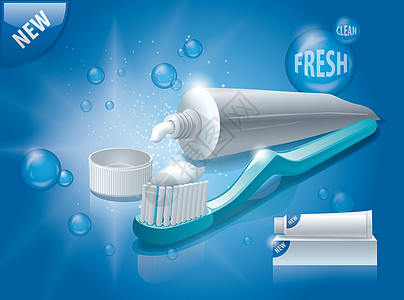 牙膏和牙刷健康产品蓝色牙医奶油包装广告插图管子艺术图片