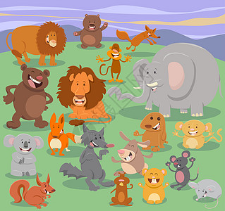 野生动物角色组友谊哺乳动物吉祥物插图快乐卡通片松鼠狐狸设计荒野图片