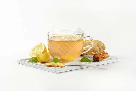 一杯姜茶玻璃杯热饮饮料柠檬肉桂杯子食物图片