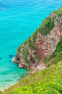 选票海滩树叶阳光蓝色海景海岸场景岩石鹅卵石海岸线波浪图片