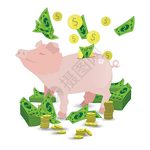 有一堆金币的猪粉色存钱罐金子财富硬币插图预算现金阴影哺乳动物商业猪肉图片