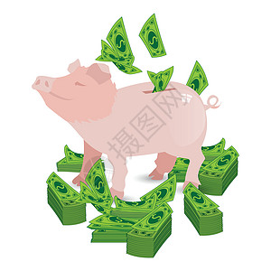 有纸绿色美元的猪桃红色存钱罐图片