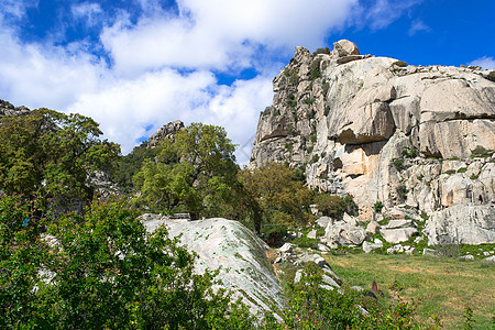 岩石和花岗岩山公园蓝色游客花岗岩顶峰树木天空岩崩全景森林图片