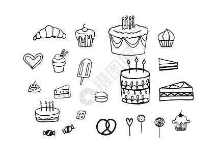 一套生日和糕点在矢量图标剪影白色手绘蛋糕黑色派对糖果图片