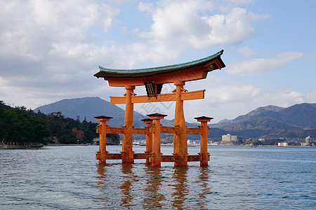 日本水岛神社的漂浮大门佛教徒旅行宗教吸引力神社神道宫岛橙子日落牌坊图片