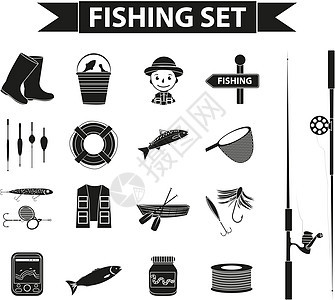 钓鱼图标设置黑色轮廓轮廓样式 渔业收集对象设计元素隔离在白色背景上 矢量插图剪贴画图片