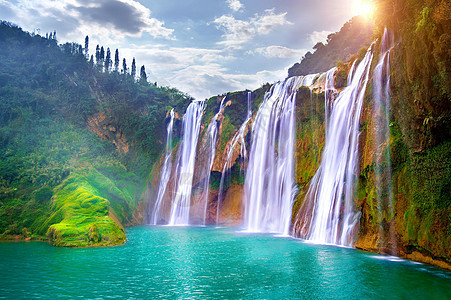 中国卢平的久龙瀑布假期流动旅游游客树木旅行溪流公园环境蓝色图片