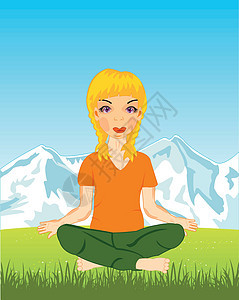 女童对自然性质的影响姿势山脉职业瑜伽草本植物衰弱冥想空地插图背景图片