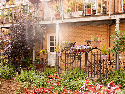 花园外美丽的景色 有一辆自行车 在巴斯克带花朵图片