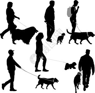 在白色背景上设置人和狗的轮廓女士女性犬类动物友谊爪子成人皮带训练猎犬图片