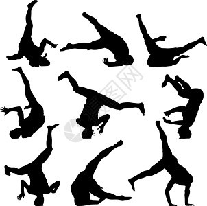 在白色背景上设置黑色剪影霹雳舞者青少年行动飞跃姿势体操平衡运动断路器文化男性图片