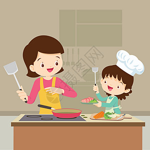 女儿和妈妈一起做饭房子孩子们孩子男生火炉教学卡通片家庭食物女性图片