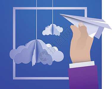 男手拿着一架纸飞机对着天空 上面有折纸风格的纸云图片