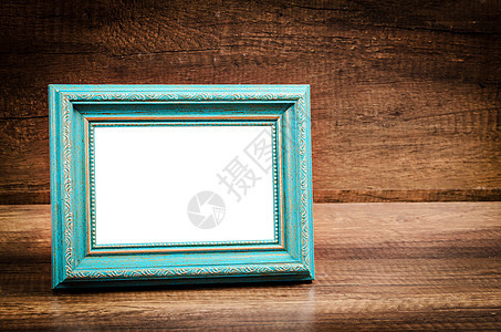 木制房间的蓝色空白照片框画廊艺术广告框架小路长方形木头剪裁背景图片