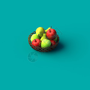 平原背景下篮子中红苹果和绿梨的 3D 渲染小吃收成饮食蔬菜市场命令水果营养农业团体图片