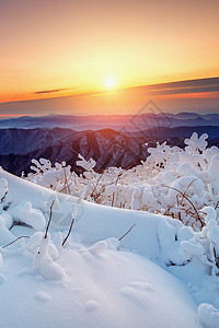 南韩冬雪覆盖的登峰造极山上天气运动天空顶峰旅行风景假期日落戏剧性太阳背景图片