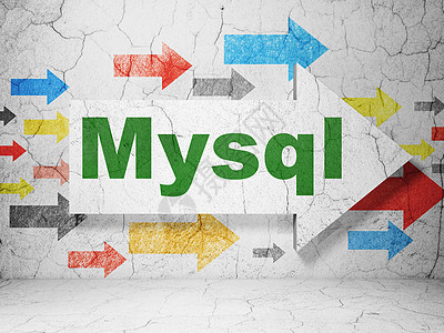 軟體概念 箭头 有 MySQL 挂在 Ghunge 墙壁背景上图片