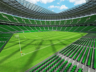 有绿色位子和贵宾包厢的大美丽的现代足球场沥青运动天空团队会场游戏蓝色院子足球角落图片