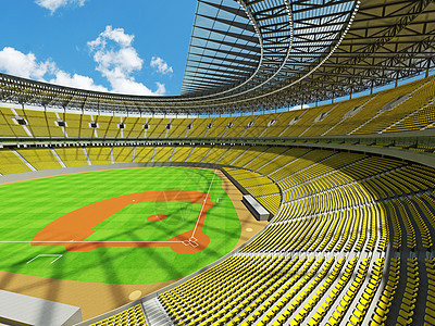 拥有黄色座椅和贵宾箱的大型美丽现代棒球场椅子竞技场天空盒子娱乐网格草皮竞赛棒球游戏图片