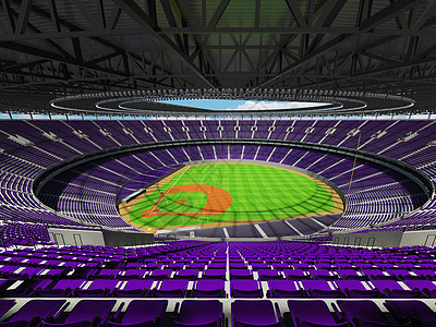 拥有紫色座椅和贵宾箱的大型美丽现代棒球场盒子光灯娱乐竞赛会场沥青座位日光蓝色体育场图片