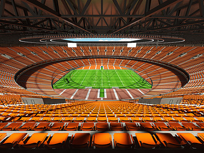 大型美丽现代橄榄球场 有橙色座椅和贵宾箱惩罚日光场地玻璃会场椅子游戏蓝色竞赛运动图片