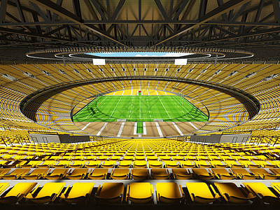 大型美丽现代橄榄球场 有黄色座位和贵宾箱盒子会场橄榄球日光邮政椅子草皮体育场沥青天空图片