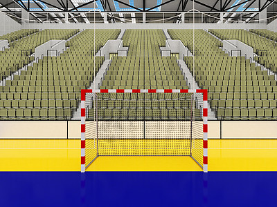 美丽的现代手球运动场 配有橄榄绿色灰色座位和贵宾箱地面会场网格长椅光灯蓝色盒子法庭锦标赛天空图片