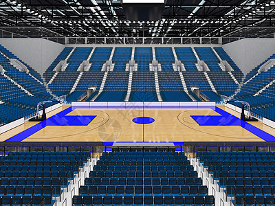 配有蓝色座位和贵宾箱的篮球赛场 美丽的现代体育竞技场体育场游戏会场木板盒子玻璃健身房轮缘木地板聚光灯图片