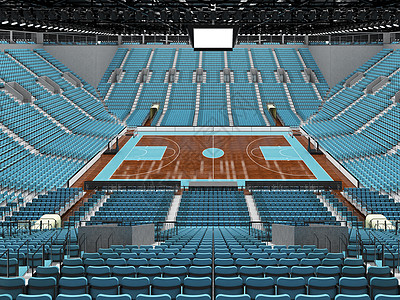 美丽的现代篮球赛场 配有天空蓝色座位和贵宾箱盒子会场锦标赛体育场轮缘光灯长椅玻璃法庭团队图片