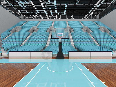 美丽的现代篮球赛场 配有天空蓝色座位和贵宾箱轮缘地面入口体育场建筑木板光灯聚光灯地标团队图片