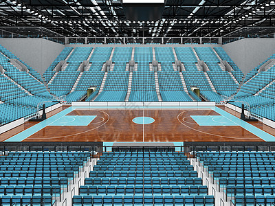 美丽的现代篮球赛场 配有天空蓝色座位和贵宾箱入口地面聚光灯木板季后赛盒子地标锦标赛光灯游戏图片