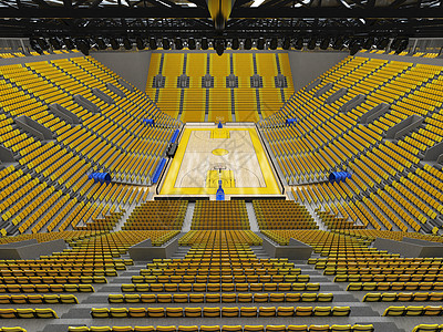 为篮球提供美丽的现代体育赛场 配有明亮黄色座位和贵宾箱体育场游戏法庭地标盒子木地板团队运动季后赛木板图片