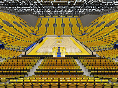 为篮球提供美丽的现代体育赛场 配有明亮黄色座位和贵宾箱天空木板健身房建筑地标法庭盒子地面长椅体育场图片