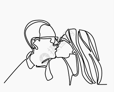 接吻情侣的矢量连续线绘画图片