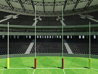 美丽的现代圆形澳式足球场 设有黑色座椅和贵宾包厢竞赛游戏足球体育场惩罚玻璃竞技场草皮看台沥青图片